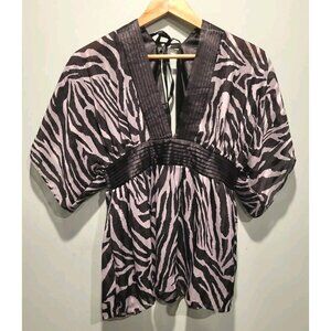 Vanity Y2K Black Zebra Deep V Neck Cutout Back Semi Sheer Babydoll Top Sz M